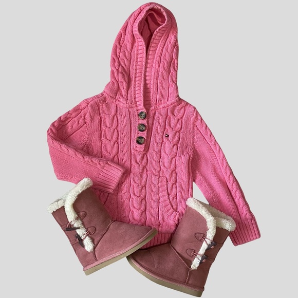 Girls Sz-3T- Pink Cable Knit Cotton Sweater & Old Navy Pull-On Light Boots- Sz-9 - Picture 1 of 16